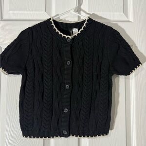 Classic Black Cable-Knit Short-Sleeve Cardigan with Cream Trim